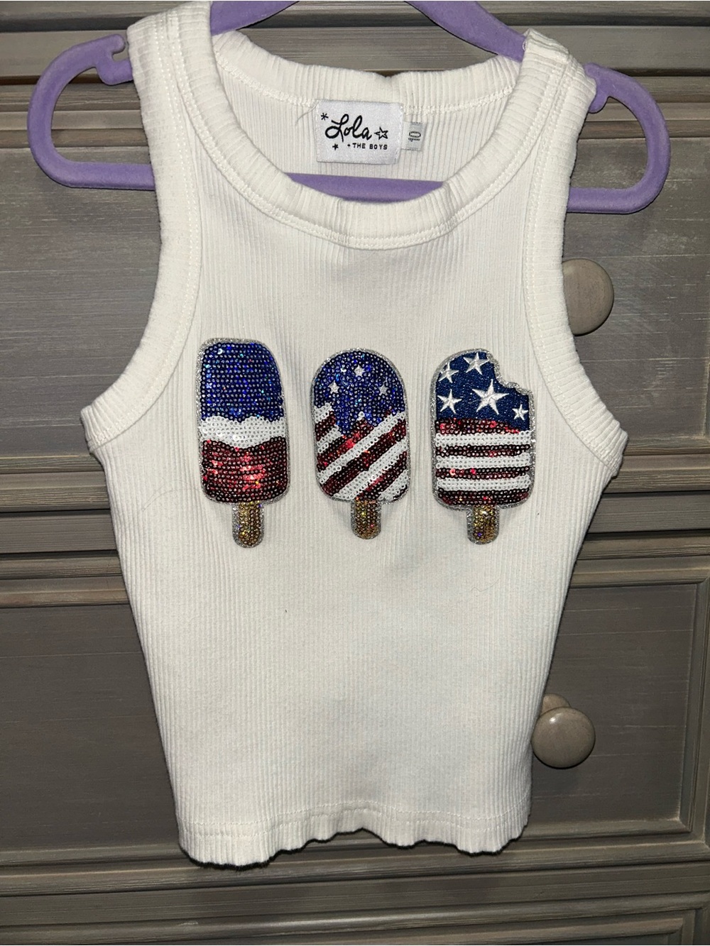 Lola + The Boys White Ribbed Tank with Red, Blue and Gold Beaded Popsicles Sz 10